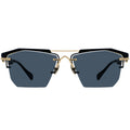 Sunglasses with black lenses and gold frames on a white background