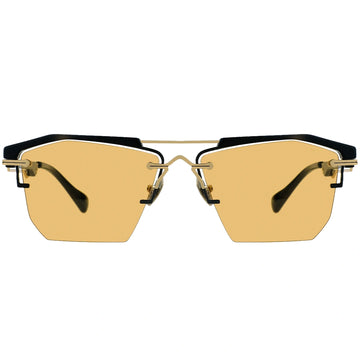 Gold sunglasses with black frames on a white background