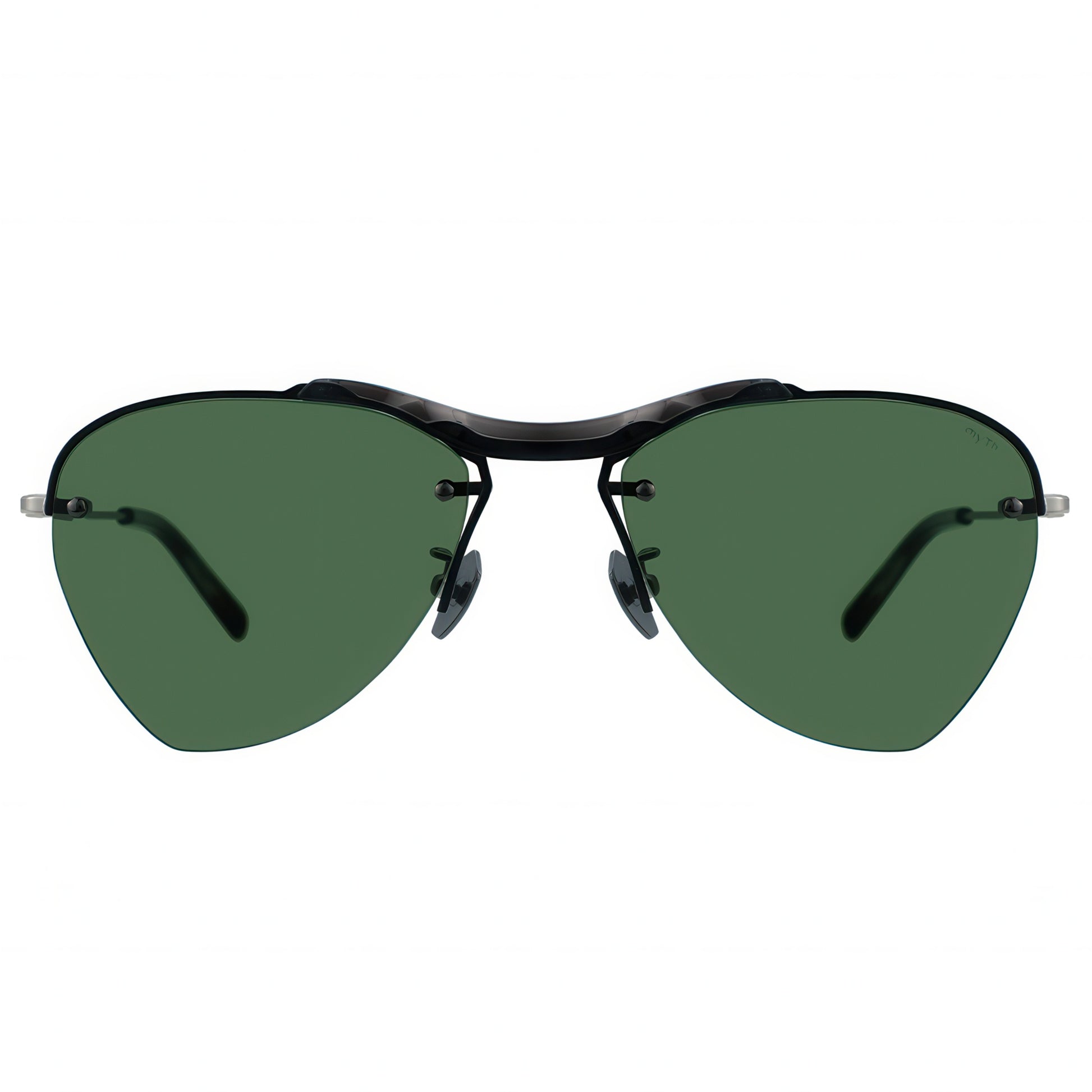 Heart-shaped sunglasses with green lenses and black bridge