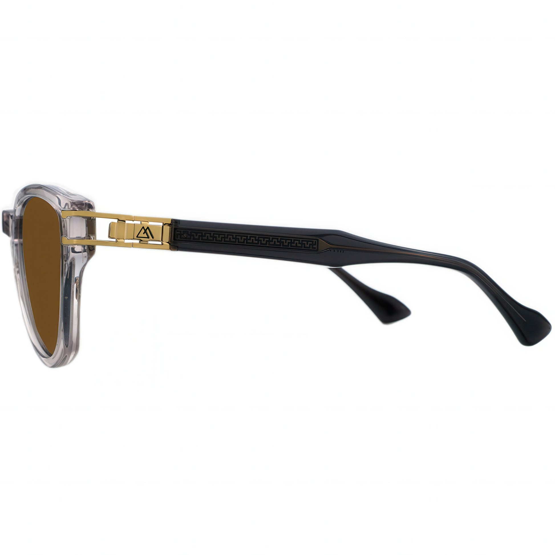 Aviator sunglasses with clear frame and brown lenses, black frame and MythGreece logo