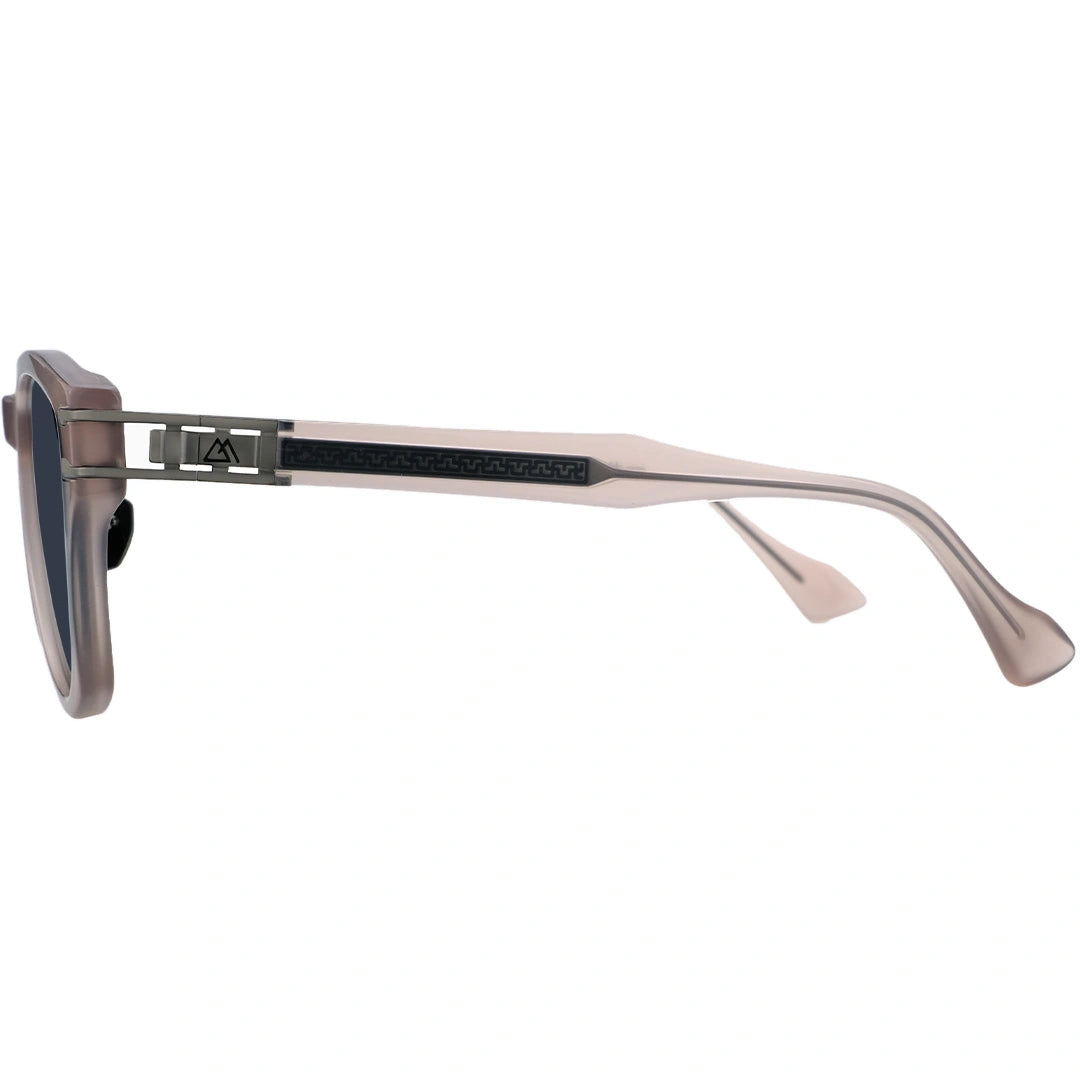 Sunglasses with a light pink frame and dark lenses on a white background