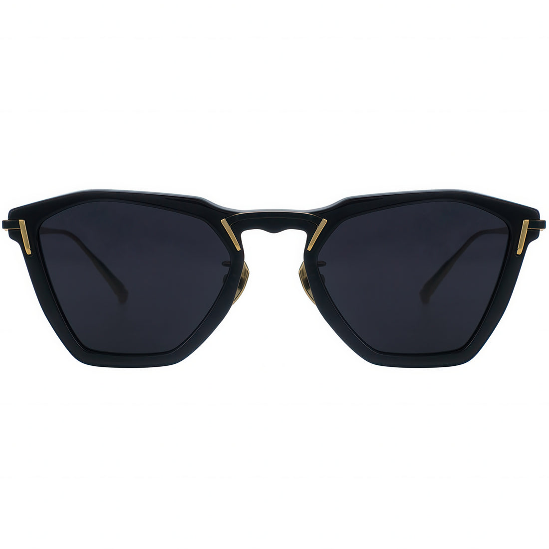 Black sunglasses with gold accents on a white background