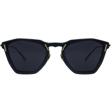 Black sunglasses with gold accents on a white background