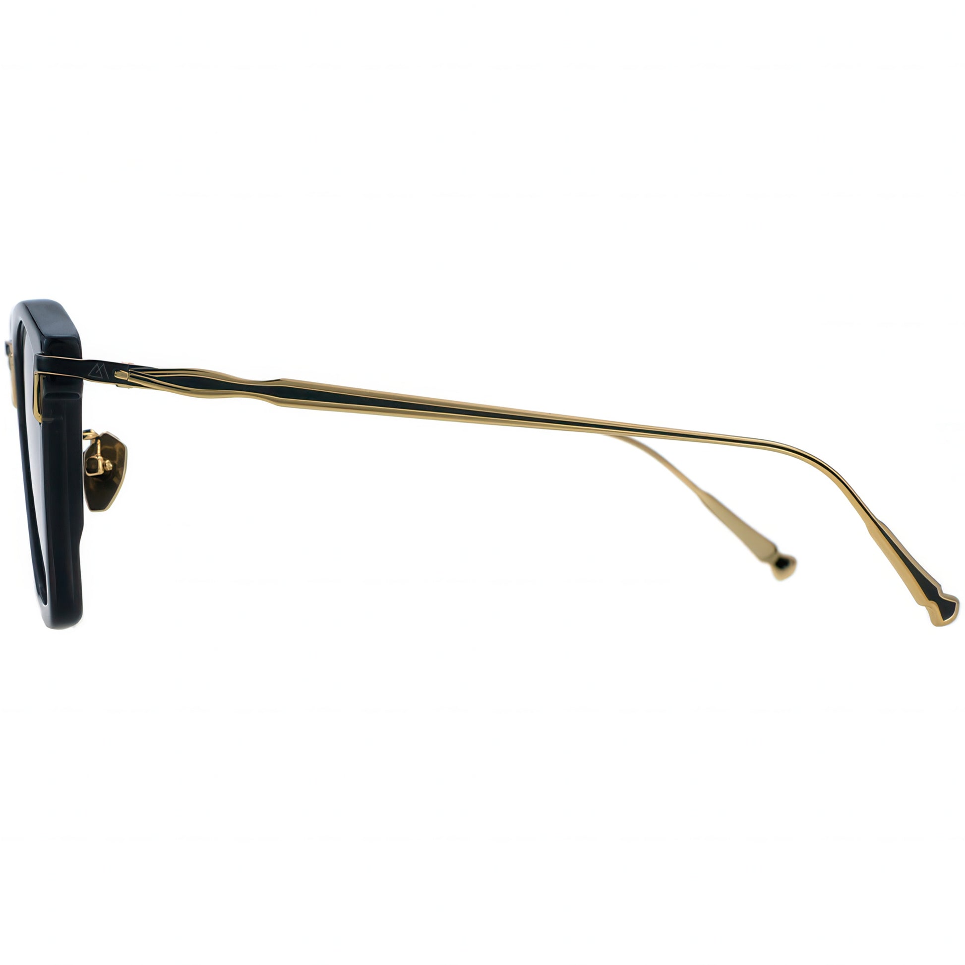 Sunglasses with gold frame and black arms on a white background