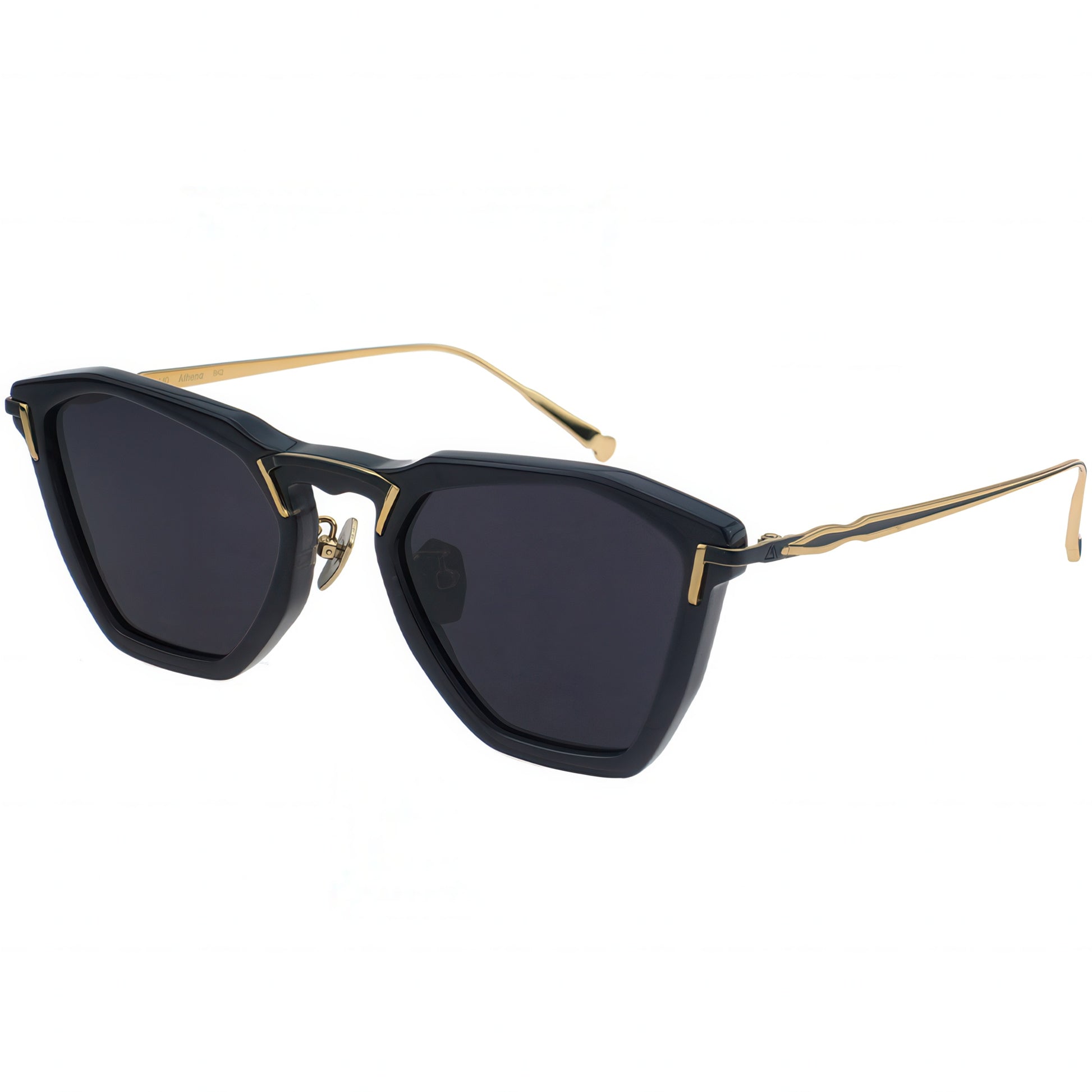 Sunglasses with black lenses and gold frames on a white background