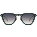 Front view of dark teal green hexagonal cat-eye sunglasses with gradient gray lenses fading from dark to light, and gold-tone metal accents on the temples.