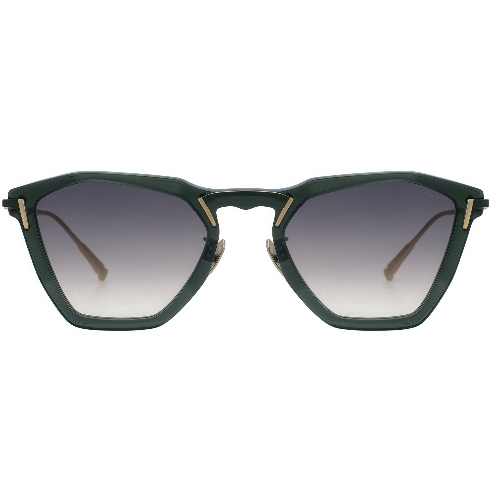 Front view of dark teal green hexagonal cat-eye sunglasses with gradient gray lenses fading from dark to light, and gold-tone metal accents on the temples.