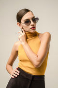 lady in MYTH Greece ARROWS retro cat eye black sunglasses, metal frame sunglasses,  polarized sunglasses in 70s retro for womens and ladies