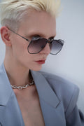 model in MYTH GREECE ESCHER geometric sunglasses grey thin silver metal frame aviators vintage retro elegant sunglasses fashion
