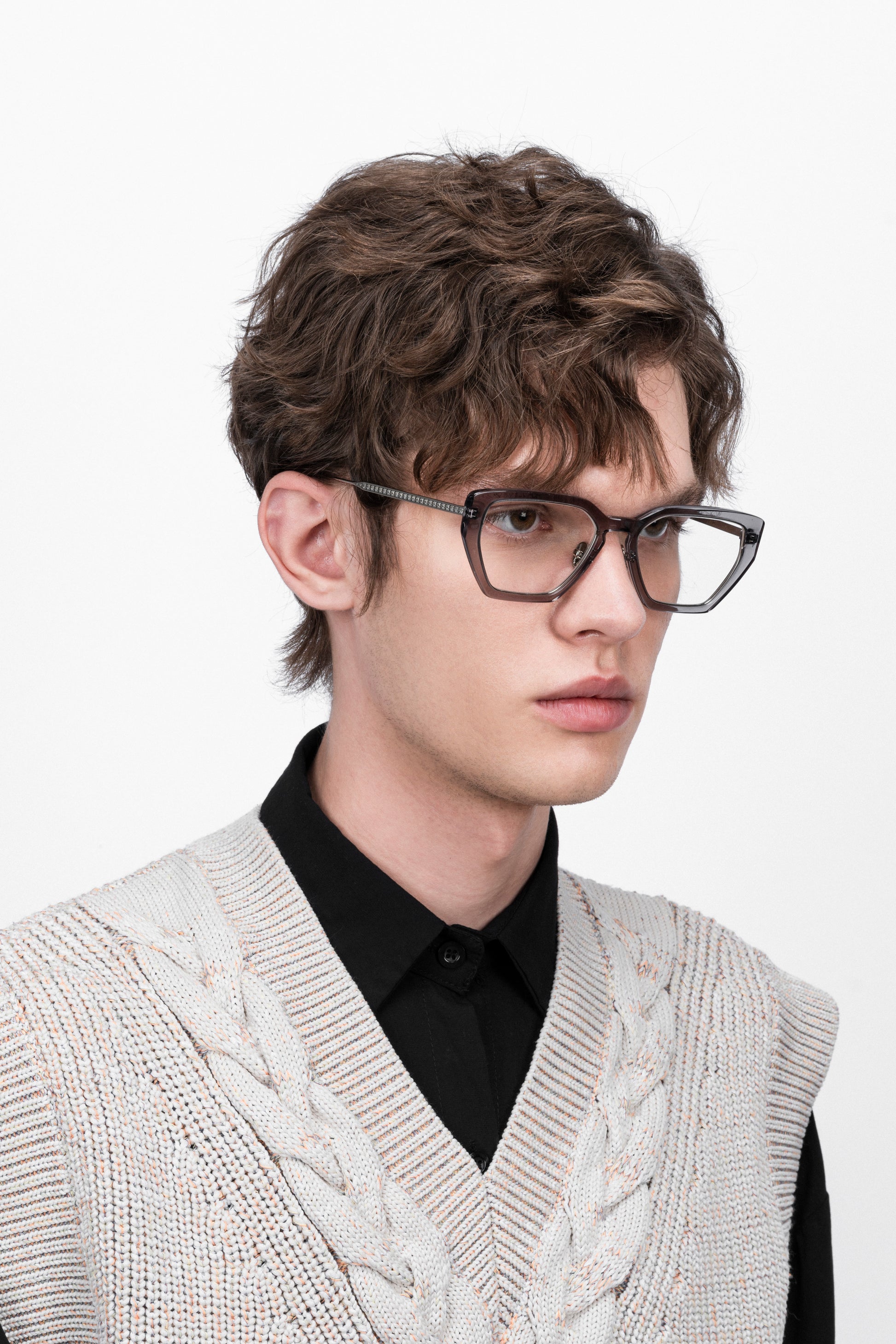 Transparent grey acetate spectacle frame, d-frame gold eyeglasses
