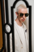 male in MYTH GREECE ORION oversized dark lens square sunglasses metal frame with Inverted V bridge, double bridge, gold metal frame sunglasses mens and womens sleek and elegant
