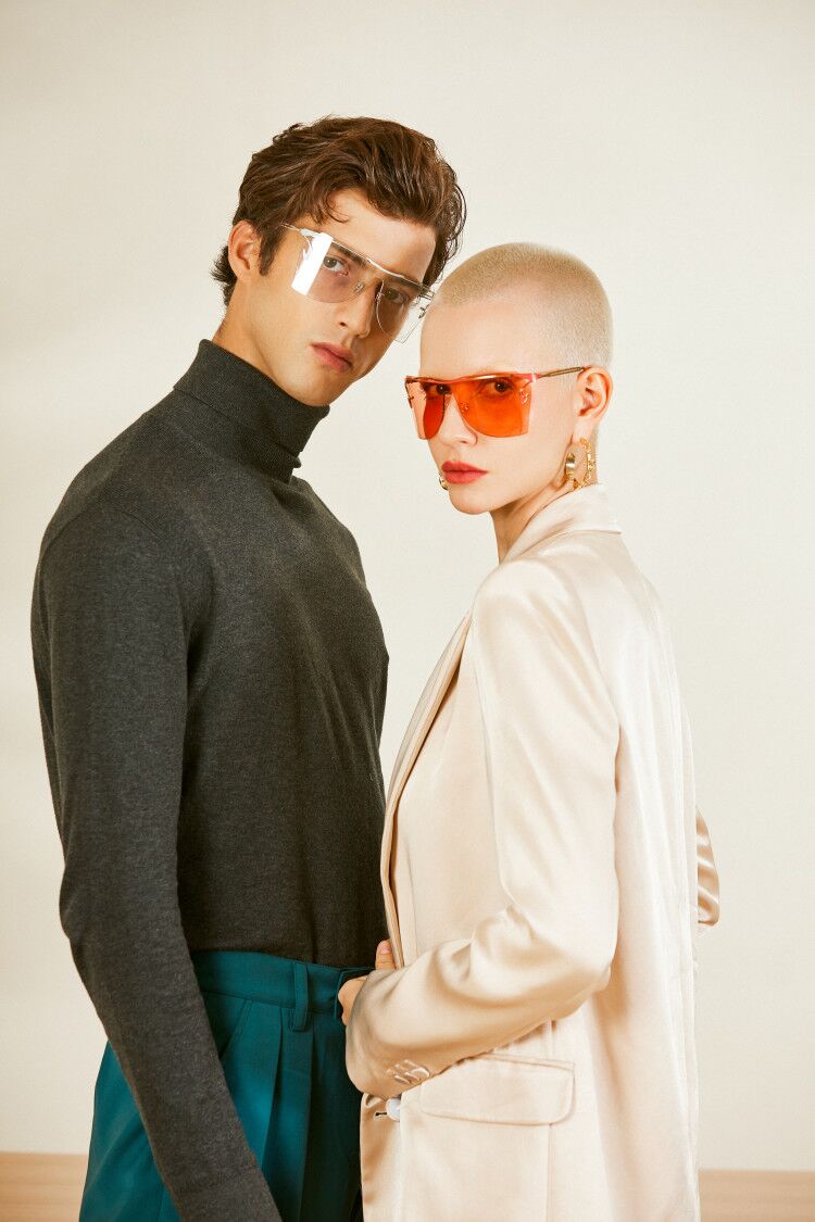 models in MYTH GREECE T4 INDUSTRY one piece futuristic sunglasses pink curved lens metal frame with adjustable nose pad womens and mens sleek and chic future sunglasses oversized for full uv protection
