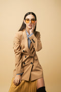 lady in MYTH GREECE HESTIA round browline amber sunglasses, thin metal frame sunglasses mens and womens. Best sunglasses for wide faces and retro 70s sunglasses

