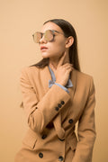 lady in  MYTH GREECE HESTIA round browline mirror sunglasses, thin metal frame sunglasses mens and womens. Best sunglasses for wide faces and retro 70s sunglasses
